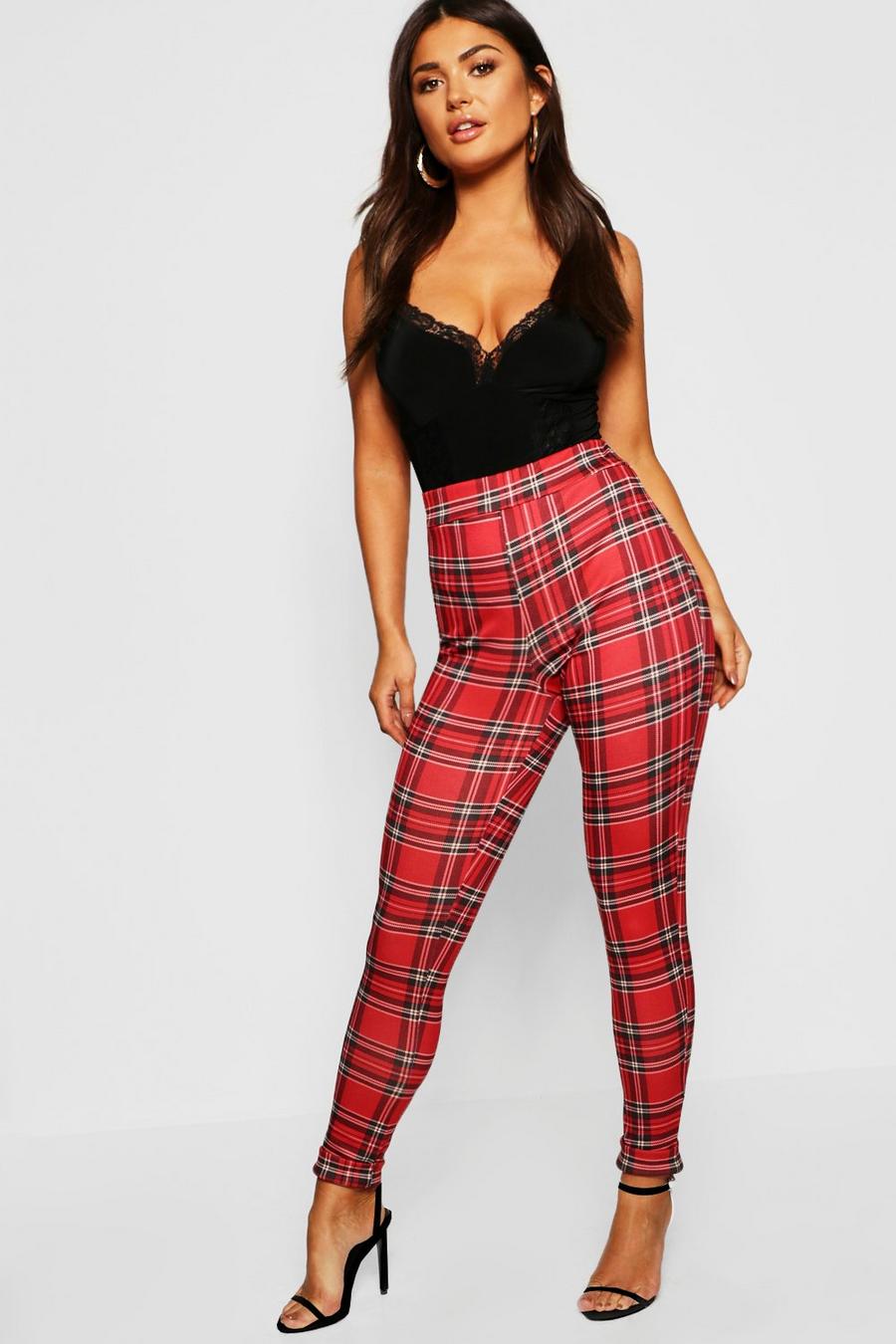 Red Tartan Check Skinny Trousers image number 1