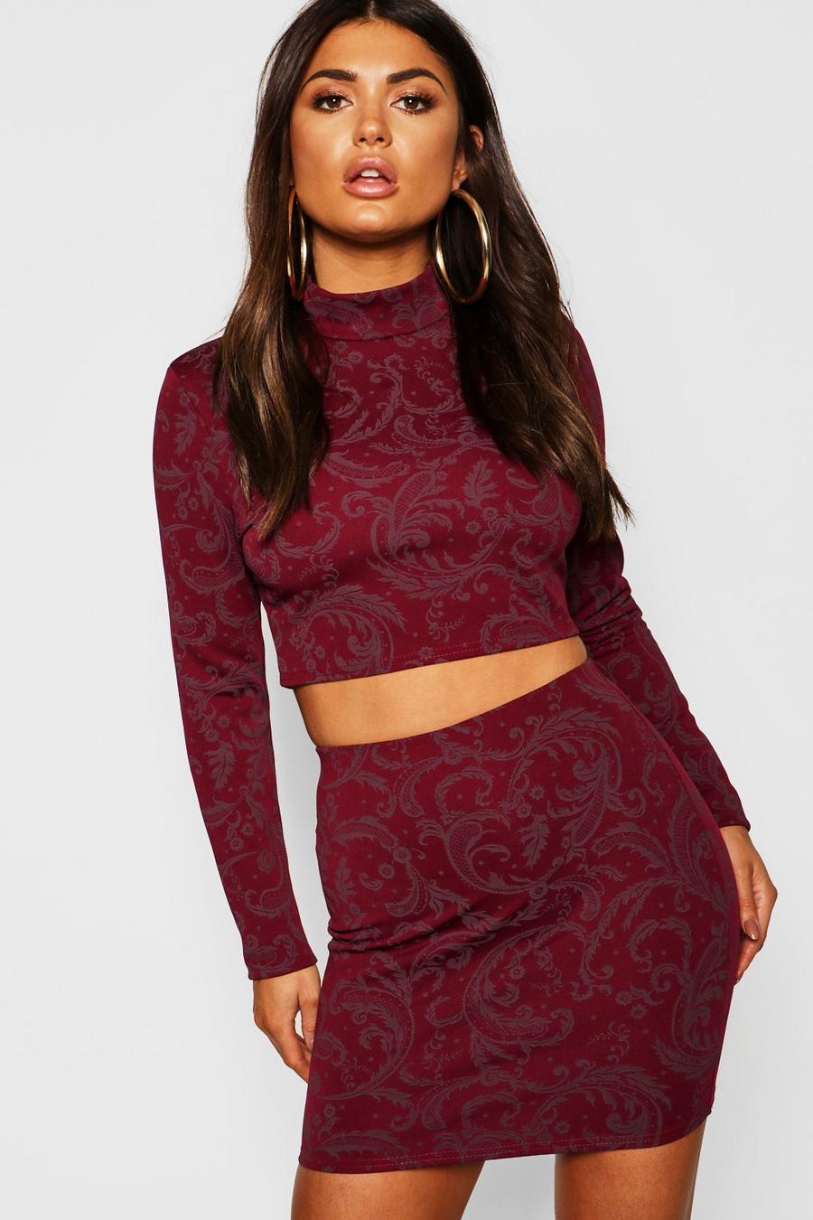 Berry red Baroque Printed High Neck Top image number 1