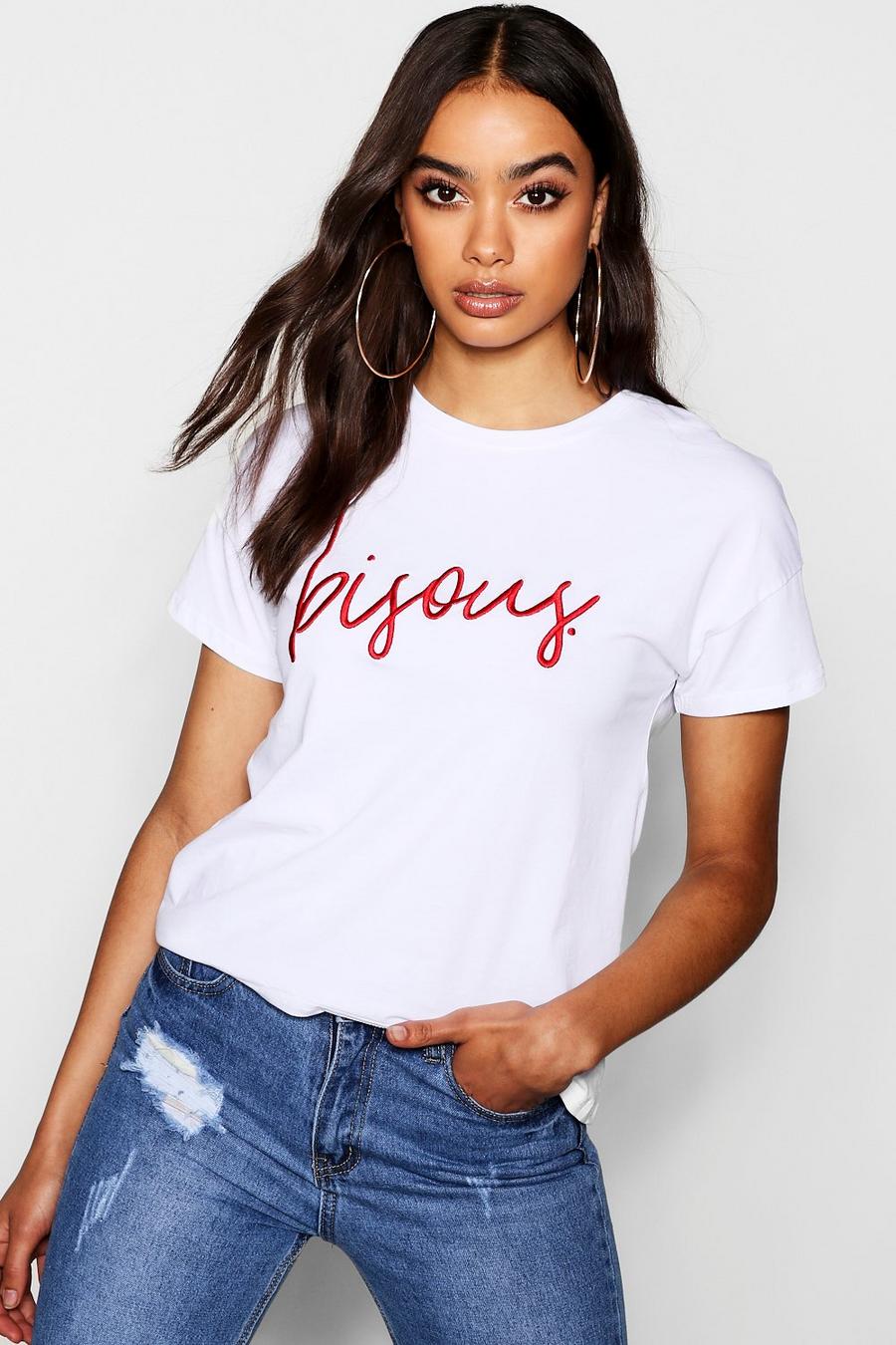 Bisous French Slogan Embroidered T-Shirt image number 1