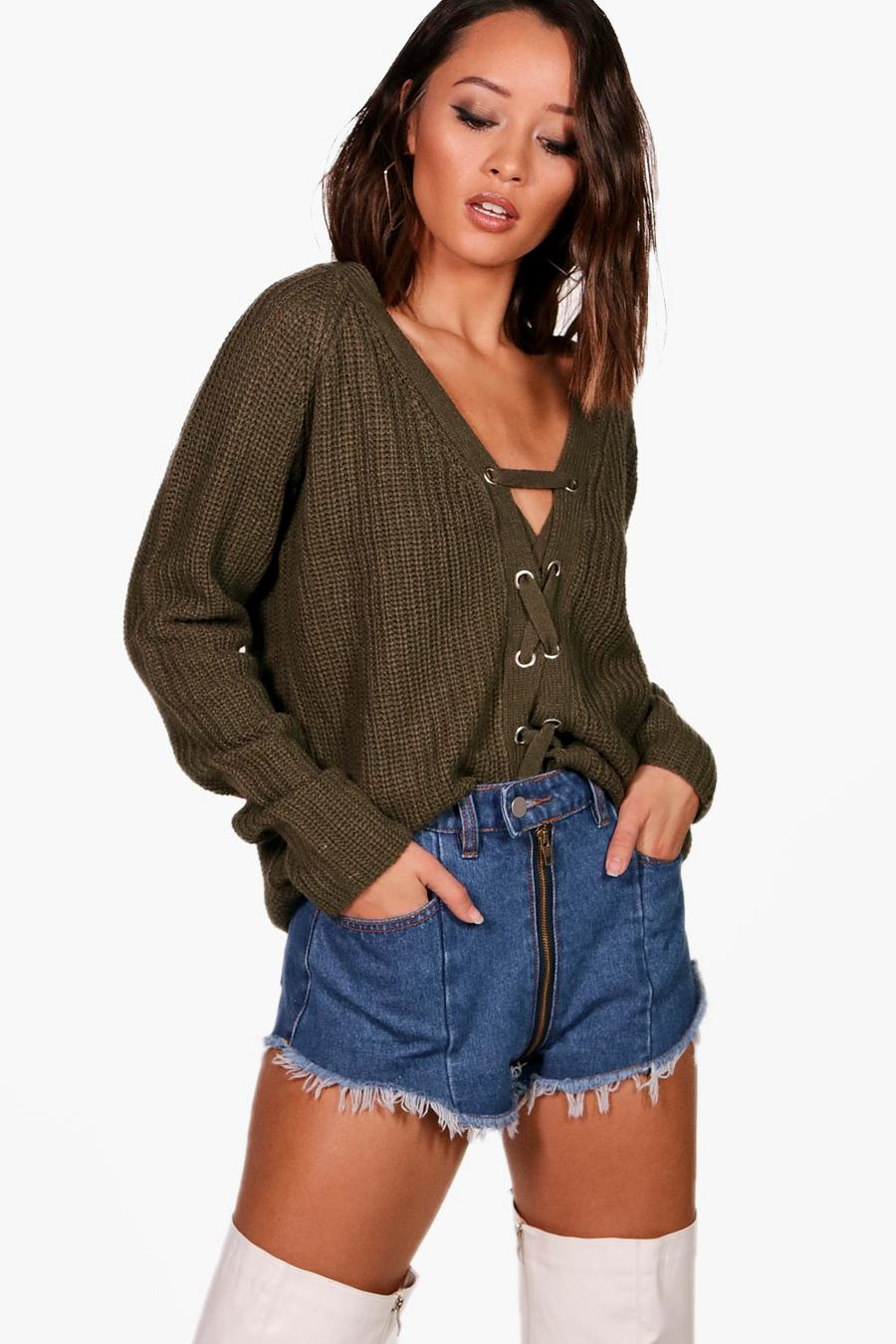Khaki Abigail Lace Up Knitted Jumper image number 1