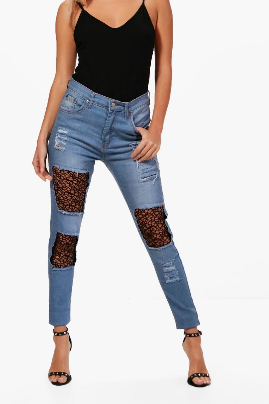Louise Distressed Lace Insert Skinny Jeans image number 1