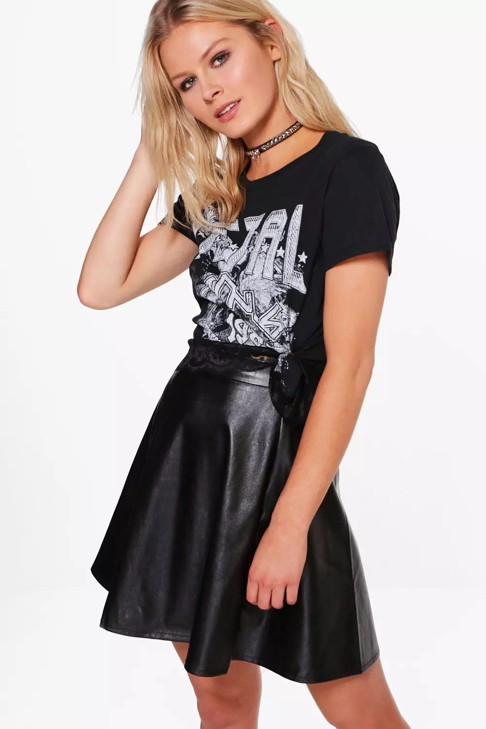 Black faux 2024 leather skater skirt