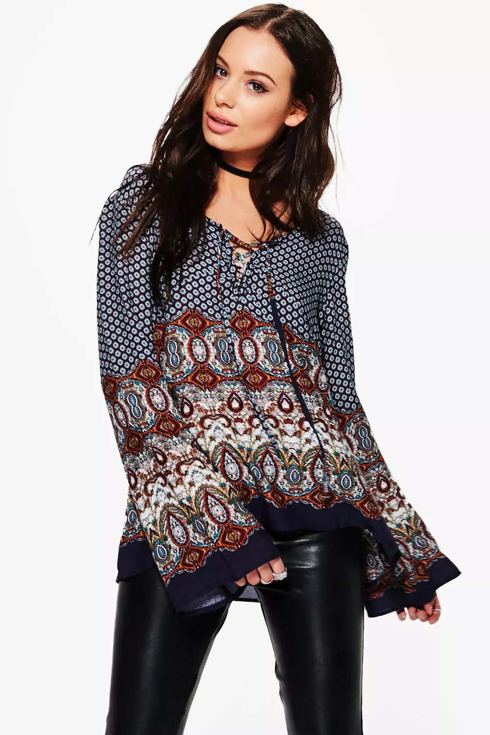 Navy Helen Border Print Lace Up Front Blouse alternative image