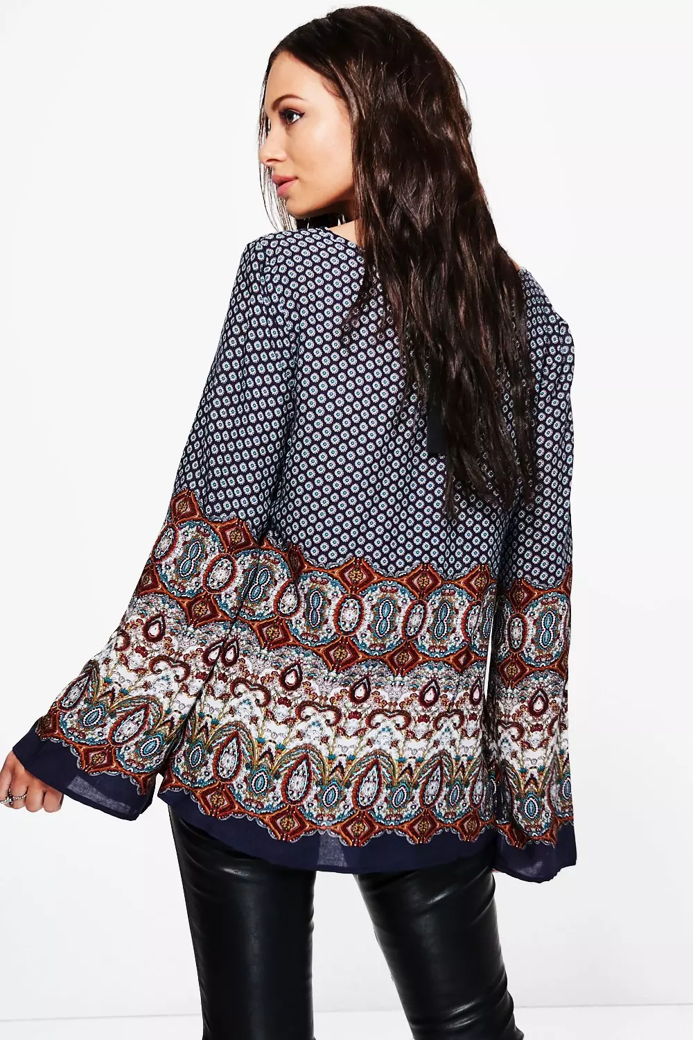 Navy Helen Border Print Lace Up Front Blouse alternative image