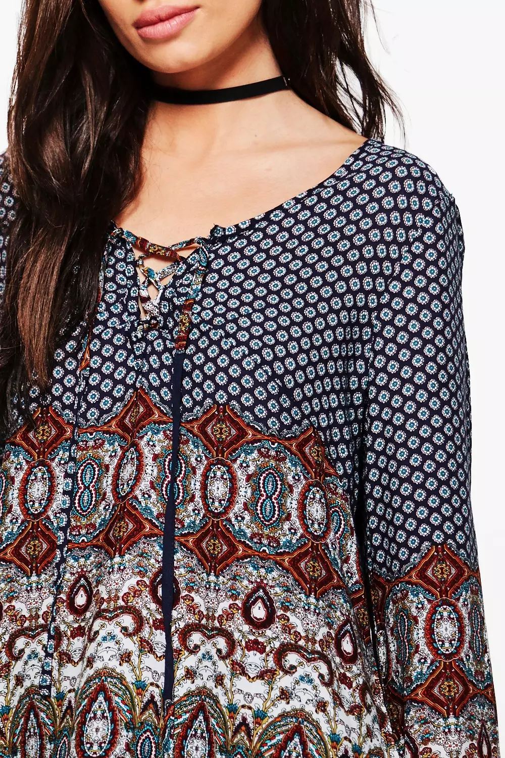Navy Helen Border Print Lace Up Front Blouse alternative image