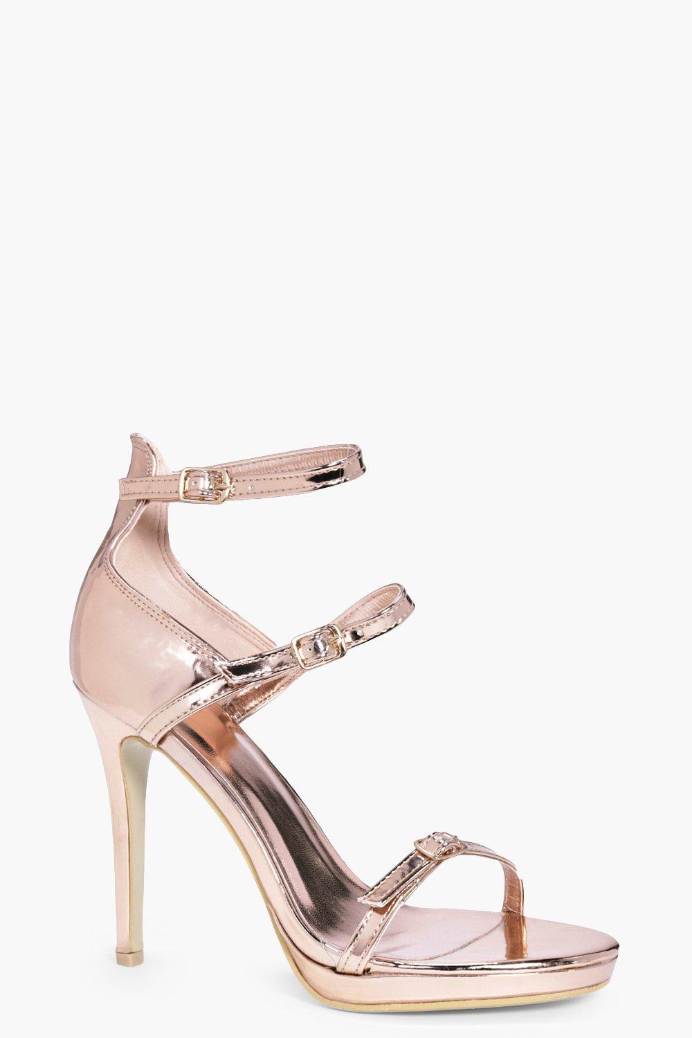 gold three strap heels