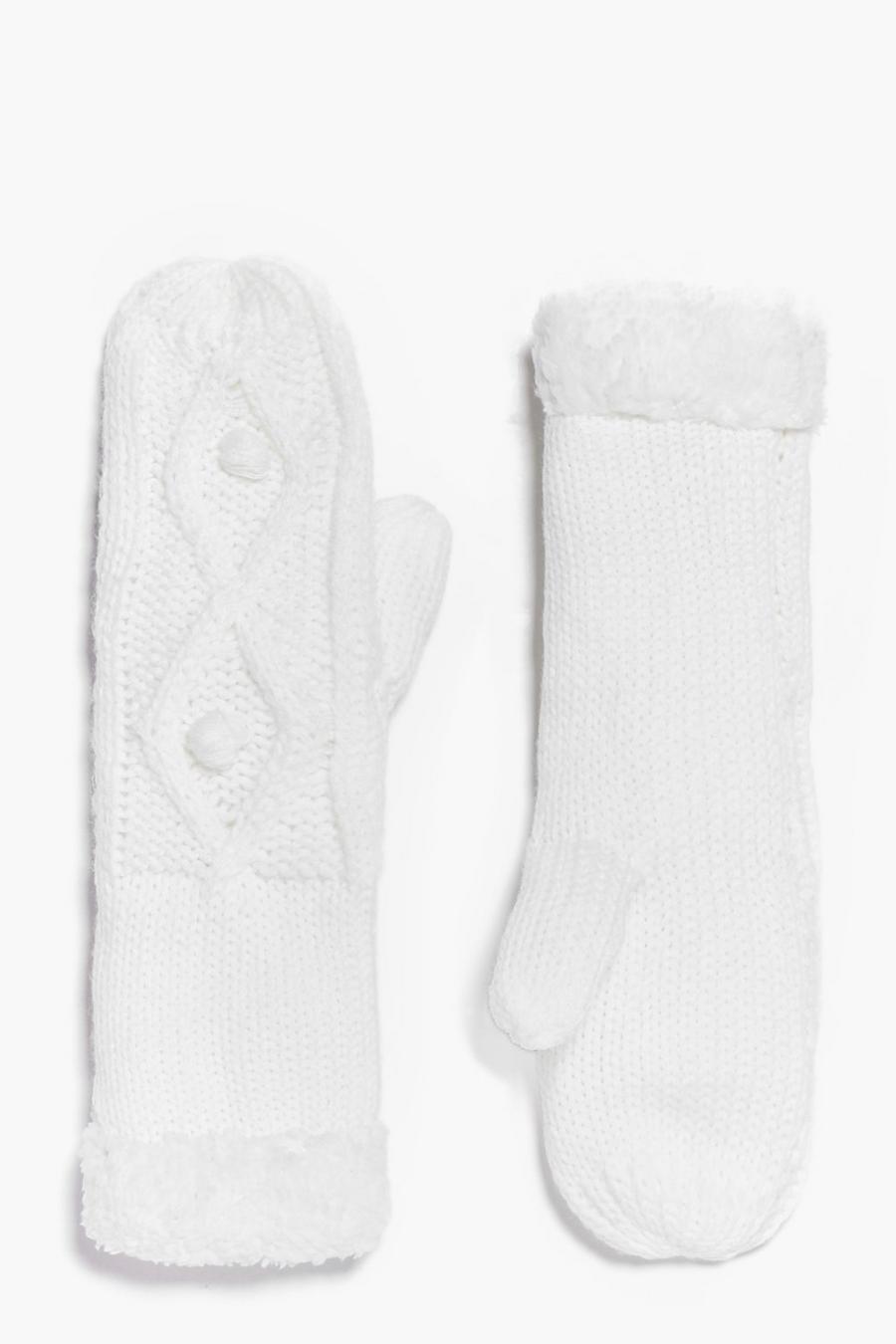 Cream white Grace Faux Fur Trim Cable Mittens image number 1