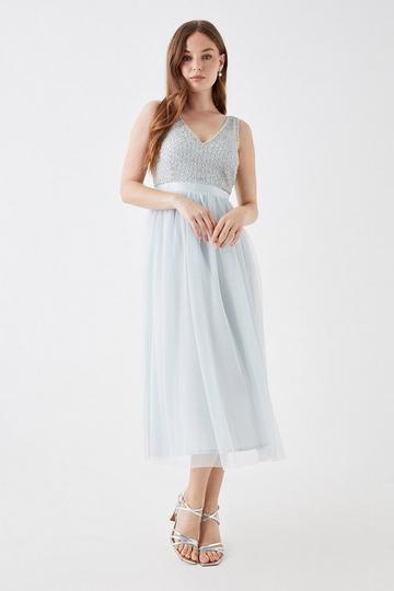 Debut London by Coast Circle Embellished Bodice Mesh Midi Dress mint