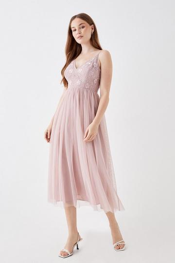 Debut London by Coast Embroidered Cami Mesh Midi Dress rose