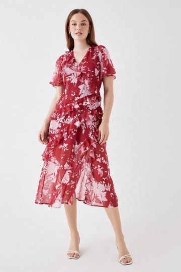 Debut London by Coast Bias Cut Ruffle Angel Sleeve Midi Dress red