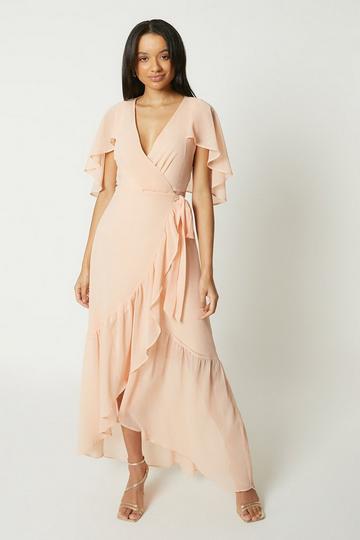 Debut London by Coast Cape Sleeve Ruffle Hem Bridesmaids Dress peach