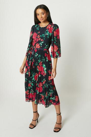 Black Debut London by Coast Floral Pleated Angel Sleeve Dress