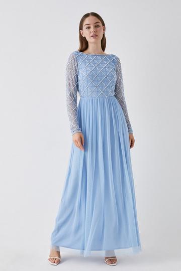 Debut London by Coast Diamond Embellished Mesh Skirt Bridesmaids Dress bluebell