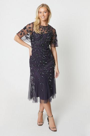 Debut London by Coast Winter Floral Hand Stitched Midi Dress smoke