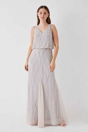 Debut London by Coast Trailing Beadwork V Neck Gown silver