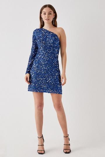 Debut London by Coast One Shoulder Long Sleeve Sequin Mini Dress cobalt