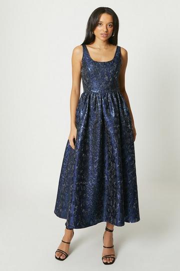 Debut London by Coast Animal Jacquard Scoop Neck Midi Dress navy