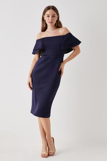 Debut London by Coast Ruffle Scuba Bardot Midi Dress midnight