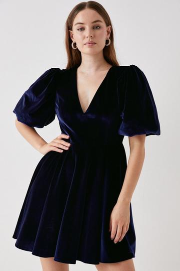 Debut London by Coast Puff Sleeve Velvet Mini Dress navy