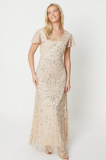 Debut London by Coast Embellished Flutter Sleeve Bridesmaids Maxi Dress champagne