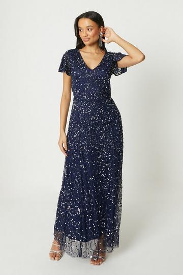 Debut London by Coast Embellished Flutter Sleeve Bridesmaids Maxi Dress navy