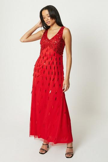 Red Debut London by Coast Beaded V Neck Maxi Gown