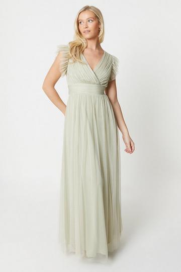 Debut London by Coast Wrap Front Mesh Bridesmaids Dress olive