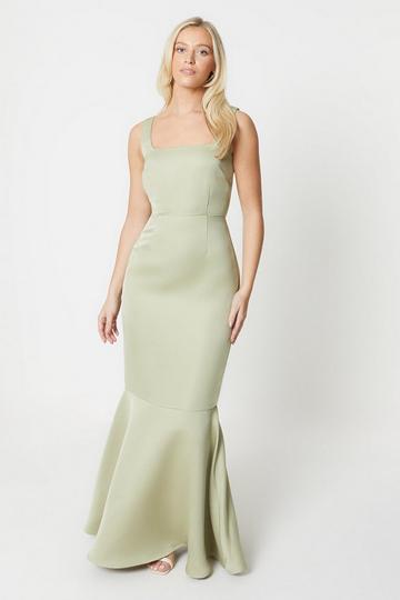 Olive Green Debut London by Coast Square Neck Satin Peplum Hem Bridesmaids Dress