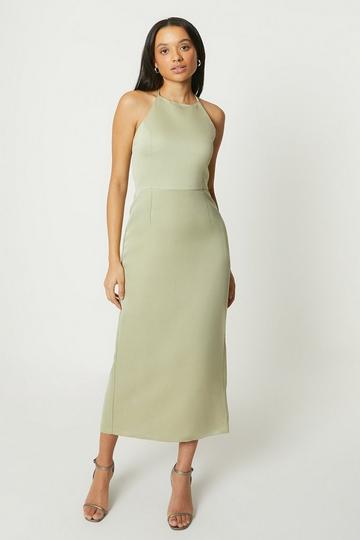 Olive Green Debut London by Coast Halterneck Satin Column Bridesmaids Dress