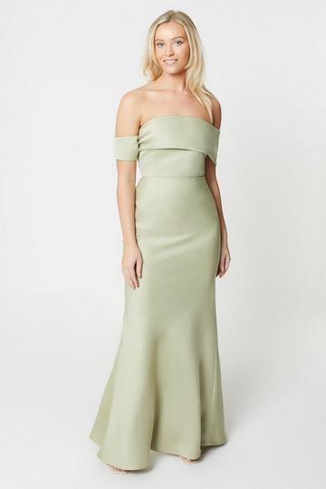 Debut London by Coast Asymmetrical Bardot Satin Bridesmaid Dress olive