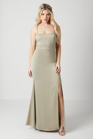 Olive Green Debut London by Coast Lace Up Back Satin Bridesmaids Dress