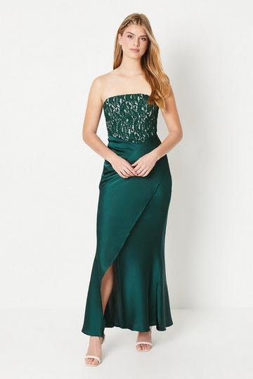 Debut London by Coast Corset Lace Bodice Satin Drape Skirt Prom Dress emerald