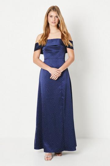 Debut London by Coast Bardot Satin Diamante Prom Dress navy