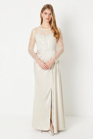 Champagne Beige Debut London by Coast Long Sleeve Satin Skirt Prom Dress