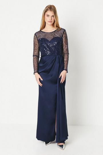 Debut London by Coast Long Sleeve Satin Skirt Prom Dress navy