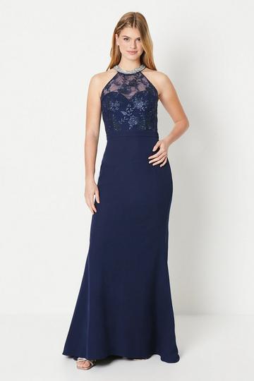 Debut London by Coast Halterneck Jewel Trim Sculpting Crepe Prom Dress navy