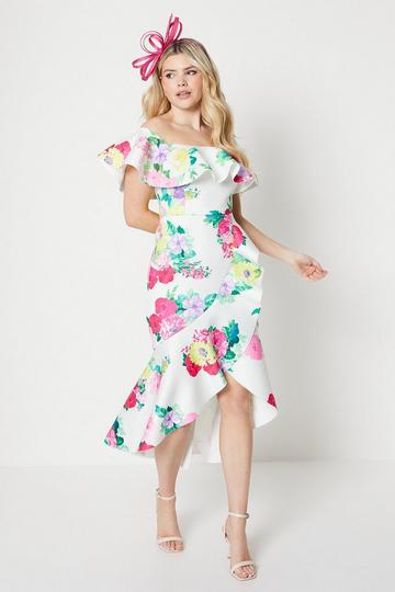 Debut London by Coast Floral Scuba Bardot Dress ivory