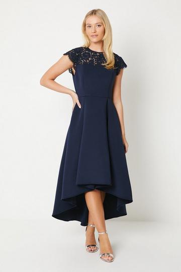 Debut London by Coast Lace And Scuba High Low Midaxi Dress navy