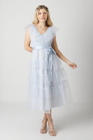 Blue Debut London by Coast Ruffle V Neck Tiered Bridesmaids Dress