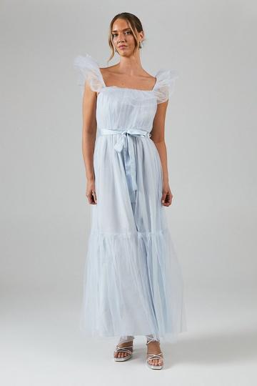 Debut London by Coast Bardot Tiered Mesh Bridesmaids Dress ice blue