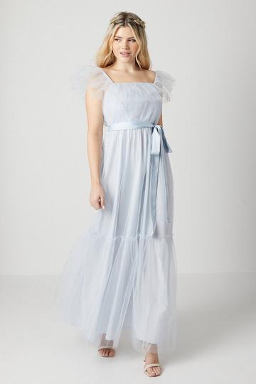 Debut London by Coast Ruffle Shoulder Pleated Mesh Bridesmaids Dress ice blue