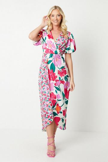 Debut London by Coast Satin Peony Puff Sleeve Dress multi