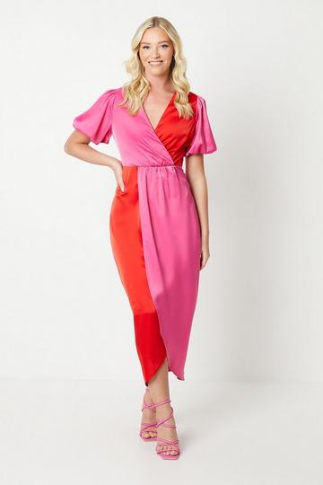 Debut London by Coast Satin Colour Block Puff Sleeve Dress pink