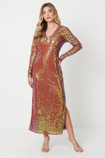 Debut London by Coast Sequin Ring Detail Midaxi Dress rust