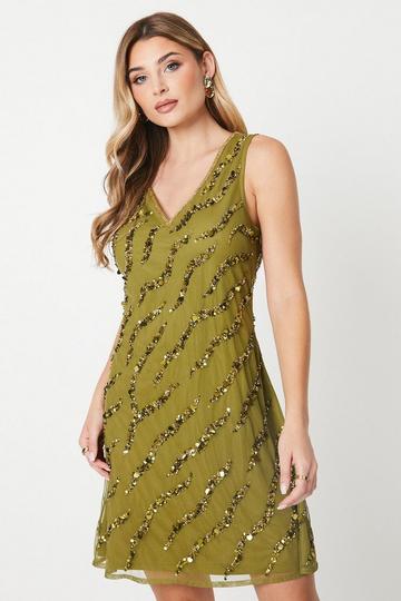 Olive Green Debut London by Coast Embellished Animal V Neck Shift Dress