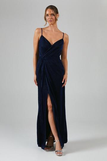 Debut London by Coast Wrap Front Glitter Jersey Bridesmaids Dress navy