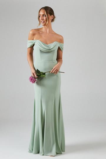 Sage Green Debut London by Coast Cowl Front Draped Bardot Chiffon Bridesmaids Dress