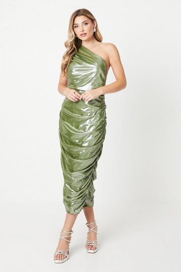 Debut London by Coast Metallic Jersey One Shoulder Dress olive