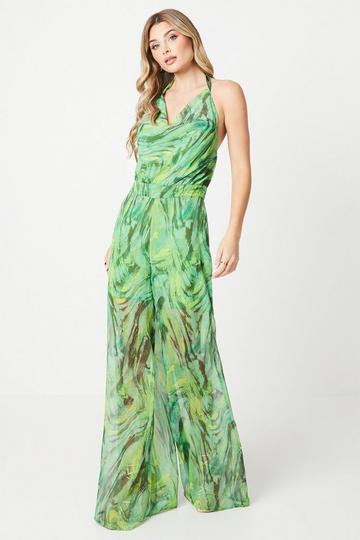 Green Debut London by Coast Printed Cowl Front Halter Jumpsuit