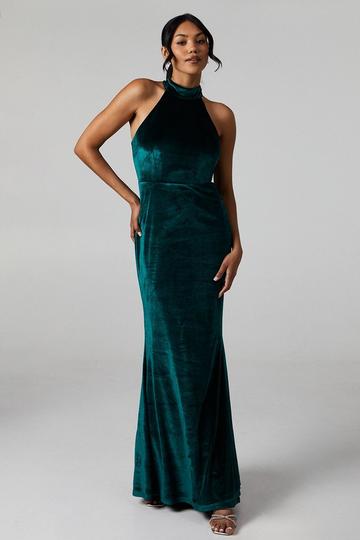 Debut London by Coast Halterneck Velvet Bridesmaids Maxi Dress emerald